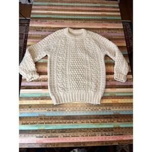 Vintage Fisherman Sweater Unisex M/L Ivory Cable Knit 100% Wool Chunky